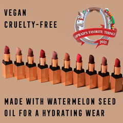 Bossy Cosmetics Ambitious Red vegan lipstick demonstrates cruelty-free appeal.