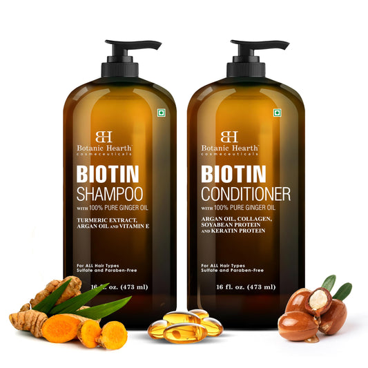 Botanic Hearth Biotin Shampoo bottle with ginger oil for daily cleansing.