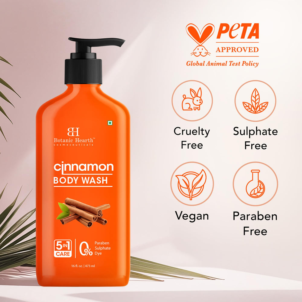 Botanic Hearth Cinnamon Body Wash warm spice essence envelops the shower experience.