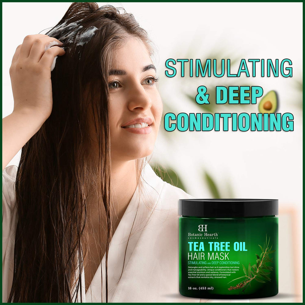 Applying Botanic Hearth Tea Tree Hair Mask to damp hair for conditioning