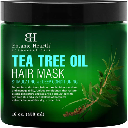 Botanic Hearth Tea Tree Hair Mask bottle front shows moisturizing formula for dry hair