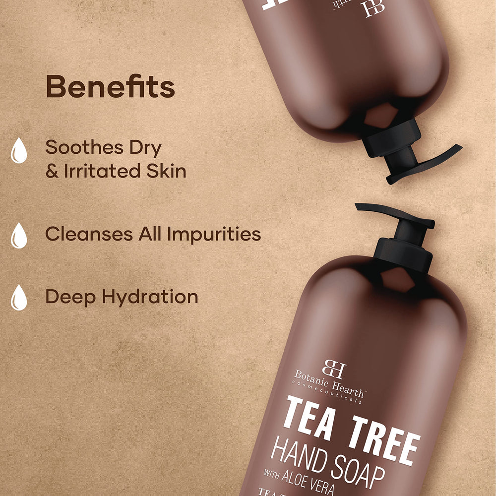 Botanic Hearth Tea Tree Hand Soap aloe vera emphasizes soothing moisture.