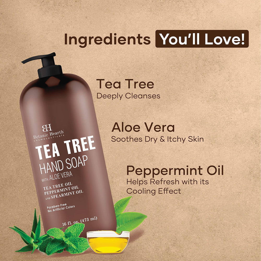 Botanic Hearth Tea Tree Hand Soap foam highlights rich, gentle cleansing.