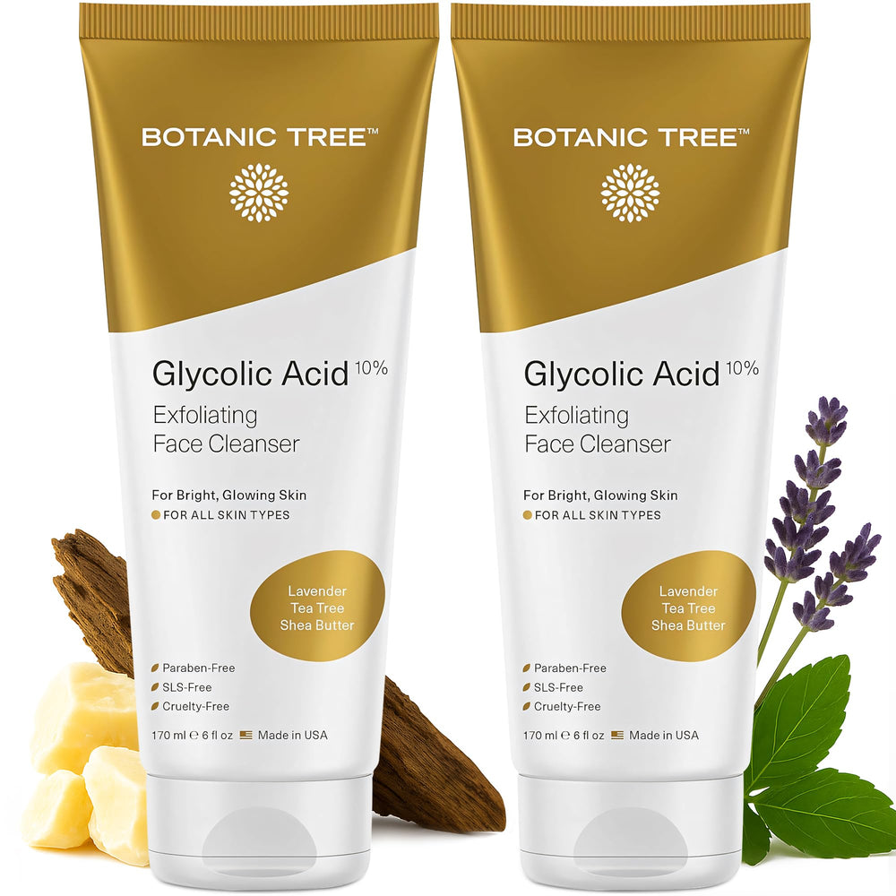 Botanic Tree Glycolic Face Wash bottle closeup for gentle cleansing and exfoliation.