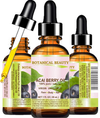 Botanical Beauty Acai Berry Oil bottle shows pure moisture for all skin types.