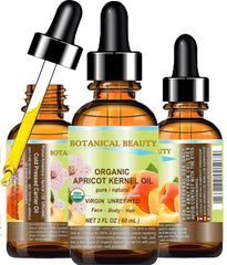 Botanical Beauty Organic Apricot Kernel Oil bottle shows a clear, golden, lightweight moisturizer for daily use.