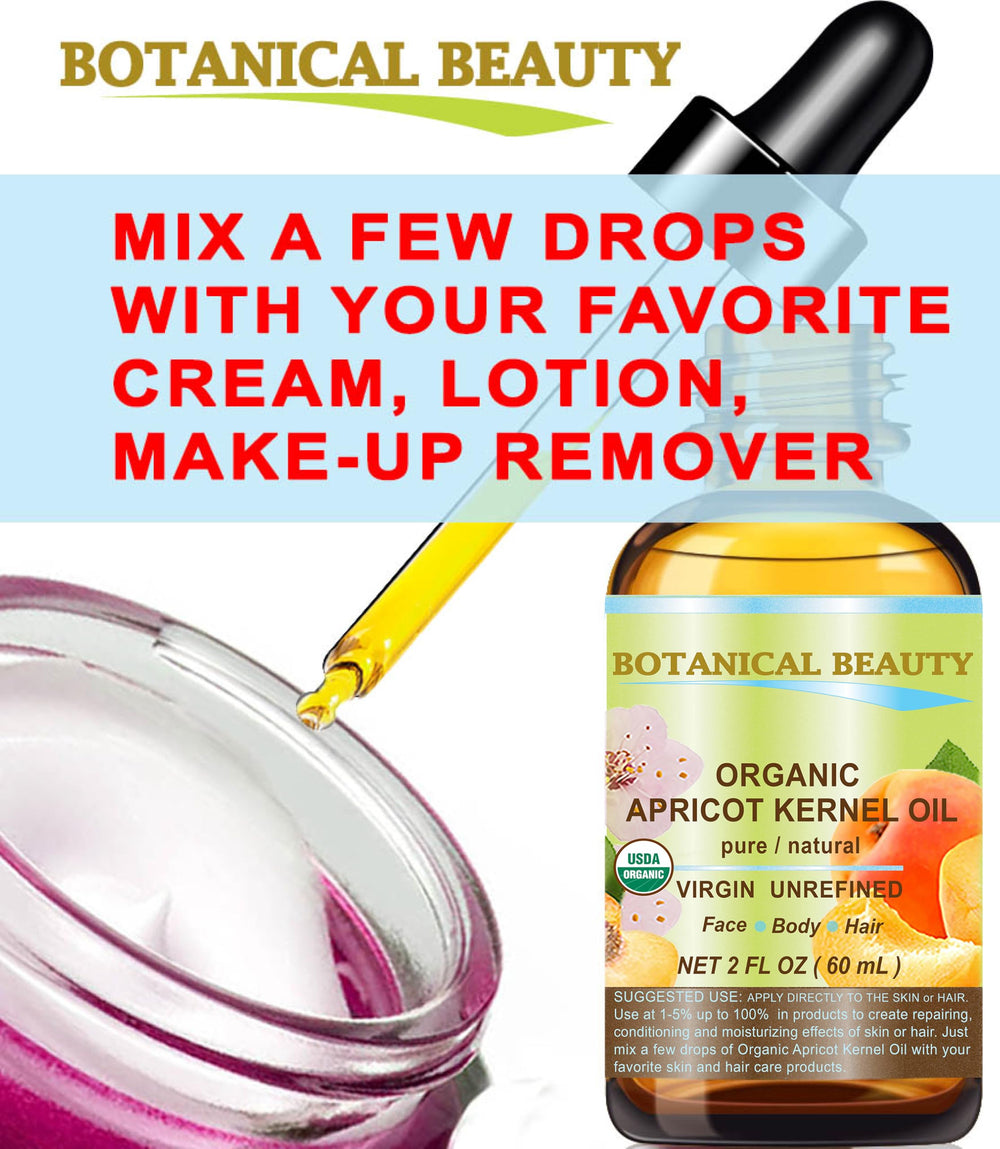 Botanical Beauty Organic Apricot Kernel Oil packing shows a compact 2 oz bottle for travel.