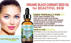 Amber glass jar of Botanical Beauty Black Currant Seed Oil for versatile use.