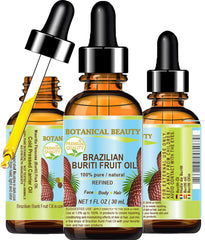 Botanical Beauty Buriti oil bottle—1 oz for daily skin hydration.
