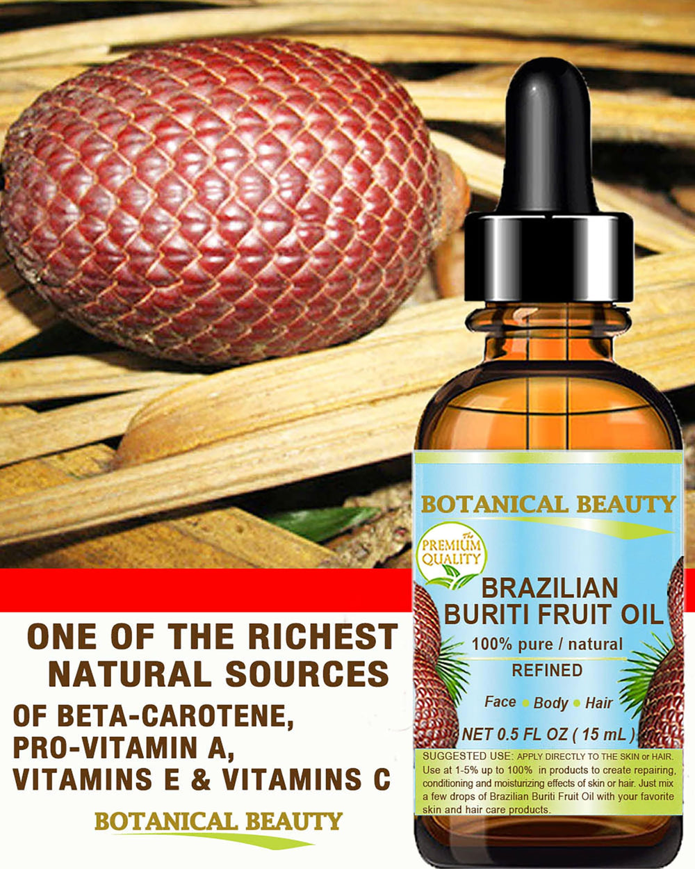 Botanical Beauty Buriti oil packaging—refined, cold-pressed extraction details.