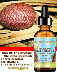 Botanical Beauty Buriti oil packaging—refined, cold-pressed extraction details.