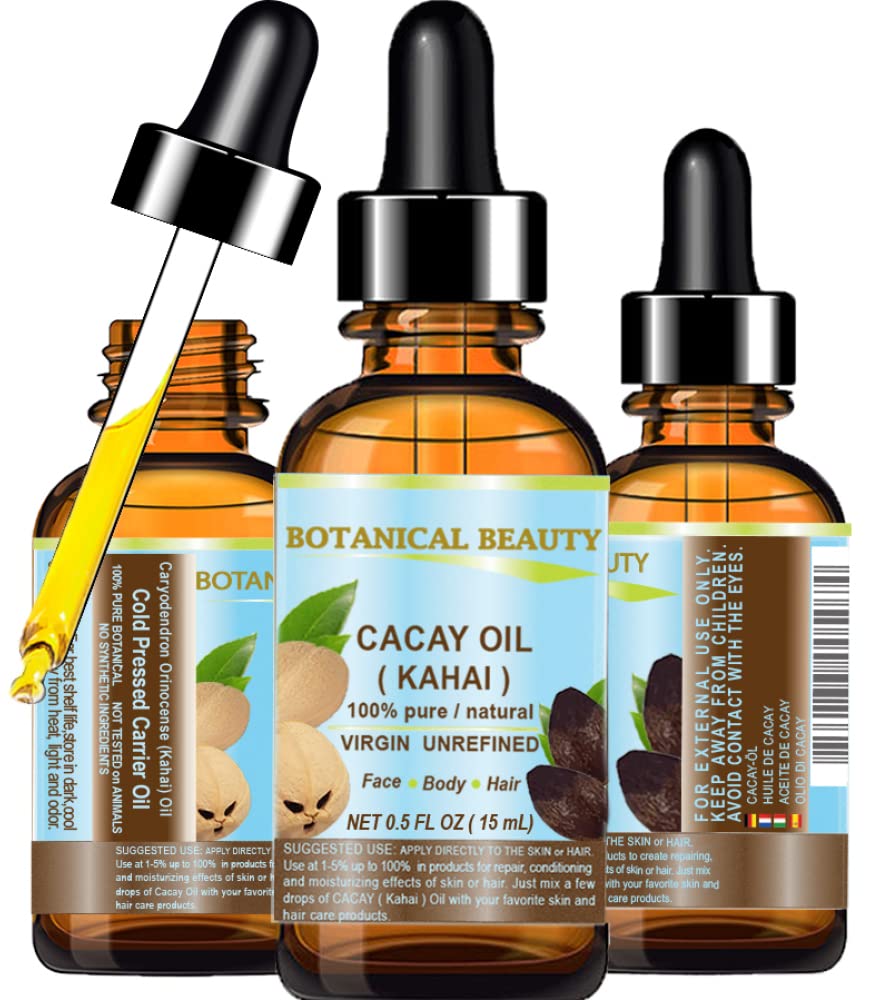 Botanical Beauty CACAY OIL bottle pour shows quick absorption for face and hair