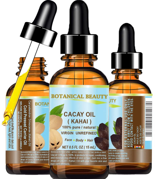 Botanical Beauty CACAY OIL bottle pour shows quick absorption for face and hair