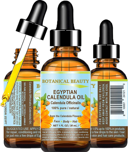 Botanical Beauty Calendula Oil bottle closeup shows pure calendula for gentle skin hydration