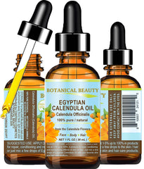 Botanical Beauty Calendula Oil bottle closeup shows pure calendula for gentle skin hydration
