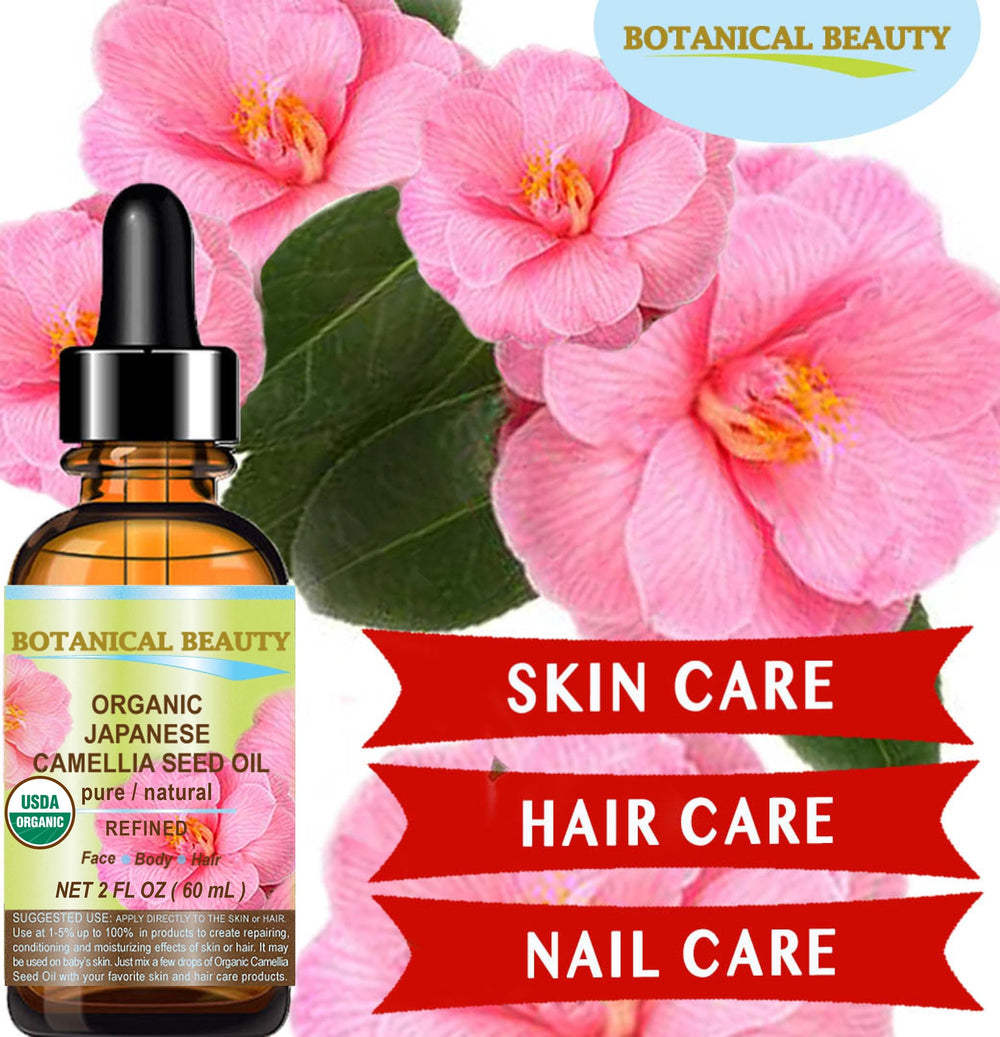 Botanical Beauty Camellia Seed Oil clear glass bottle highlights premium cold-pressed oil