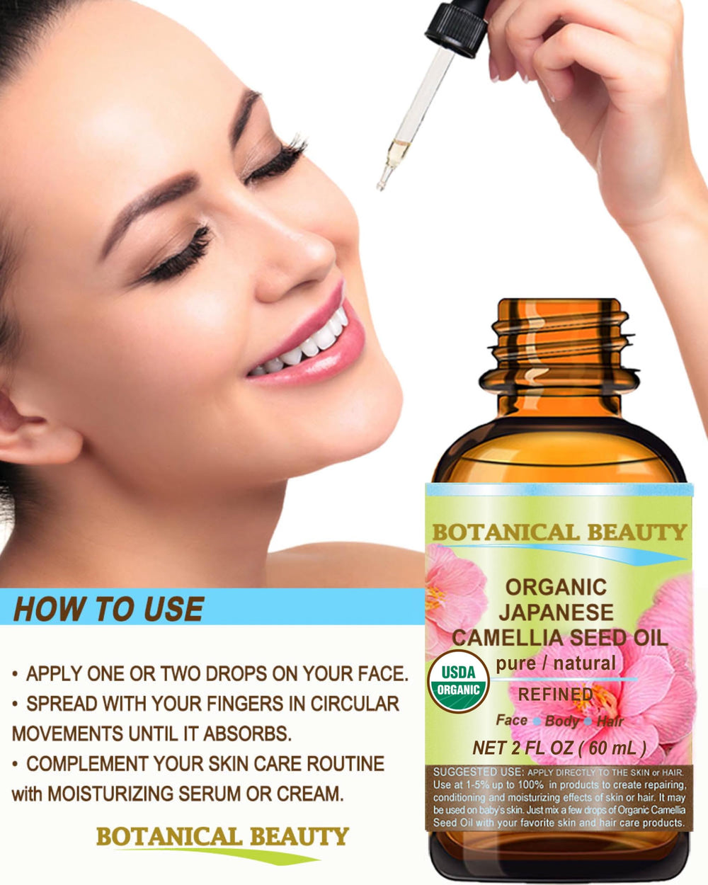 Botanical Beauty Camellia Seed Oil used for hair care, adding shine and elasticity