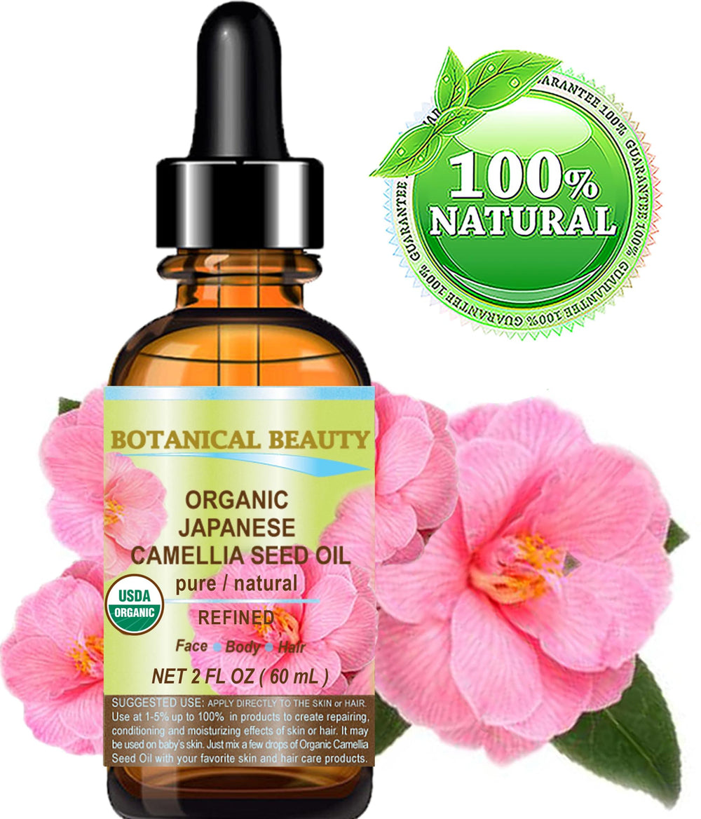 Botanical Beauty Camellia Seed Oil label close-up showing purity and unscented formula
