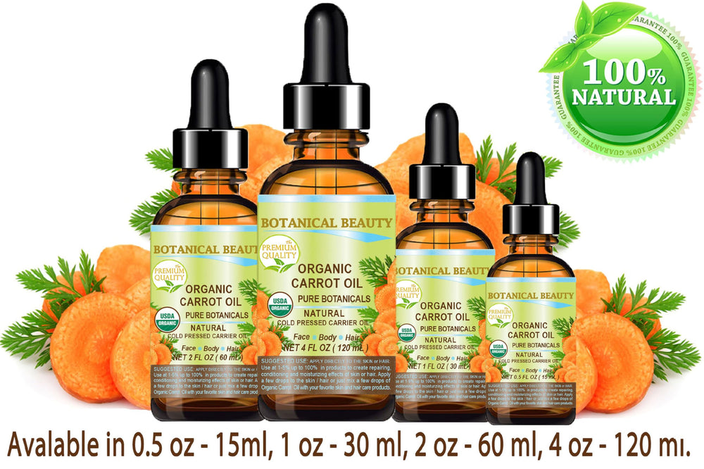 Botanical Beauty carrot seed oil bottle highlights vegan organic formula