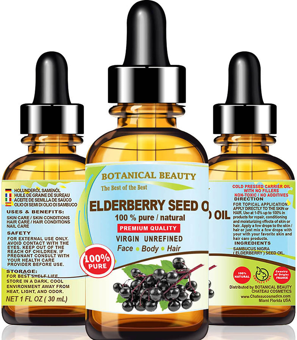 Botanical Beauty elderberry seed oil bottle pour showing quick skin absorption