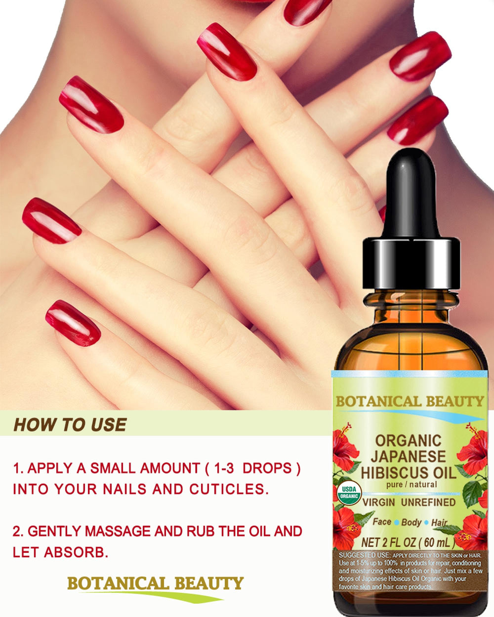 Botanical Beauty Hibiscus Oil on nails and cuticles, promotes softness.