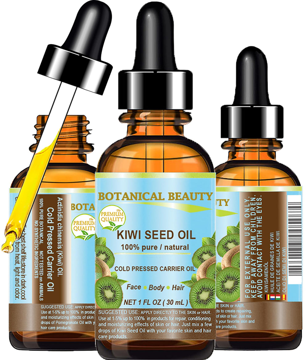 Botanical Beauty Kiwi Seed Oil bottle displaying pure facial hydration.