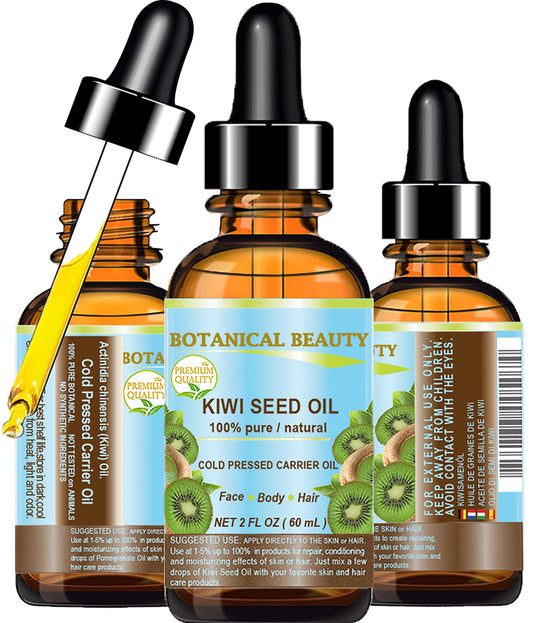 Botanical Beauty Kiwi Seed Oil bottle showcasing purity and quick absorption on skin