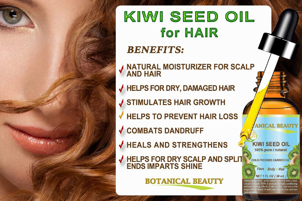 Kiwi Seed Oil label close-up emphasizes purity and no additives.