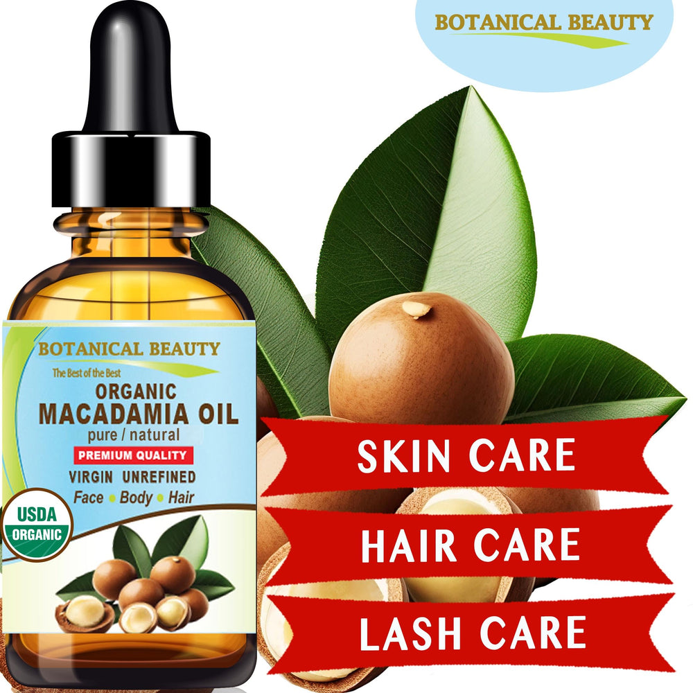 Botanical Beauty Macadamia Oil label closeup highlighting pure virgin unrefined quality