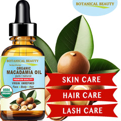 Botanical Beauty Macadamia Oil label closeup highlighting pure virgin unrefined quality