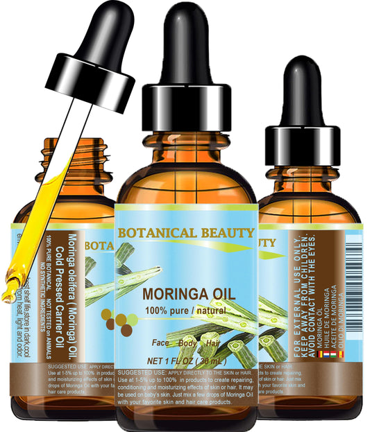 Botanical Beauty Moringa Oil bottle pour shows quick absorption and hydration.