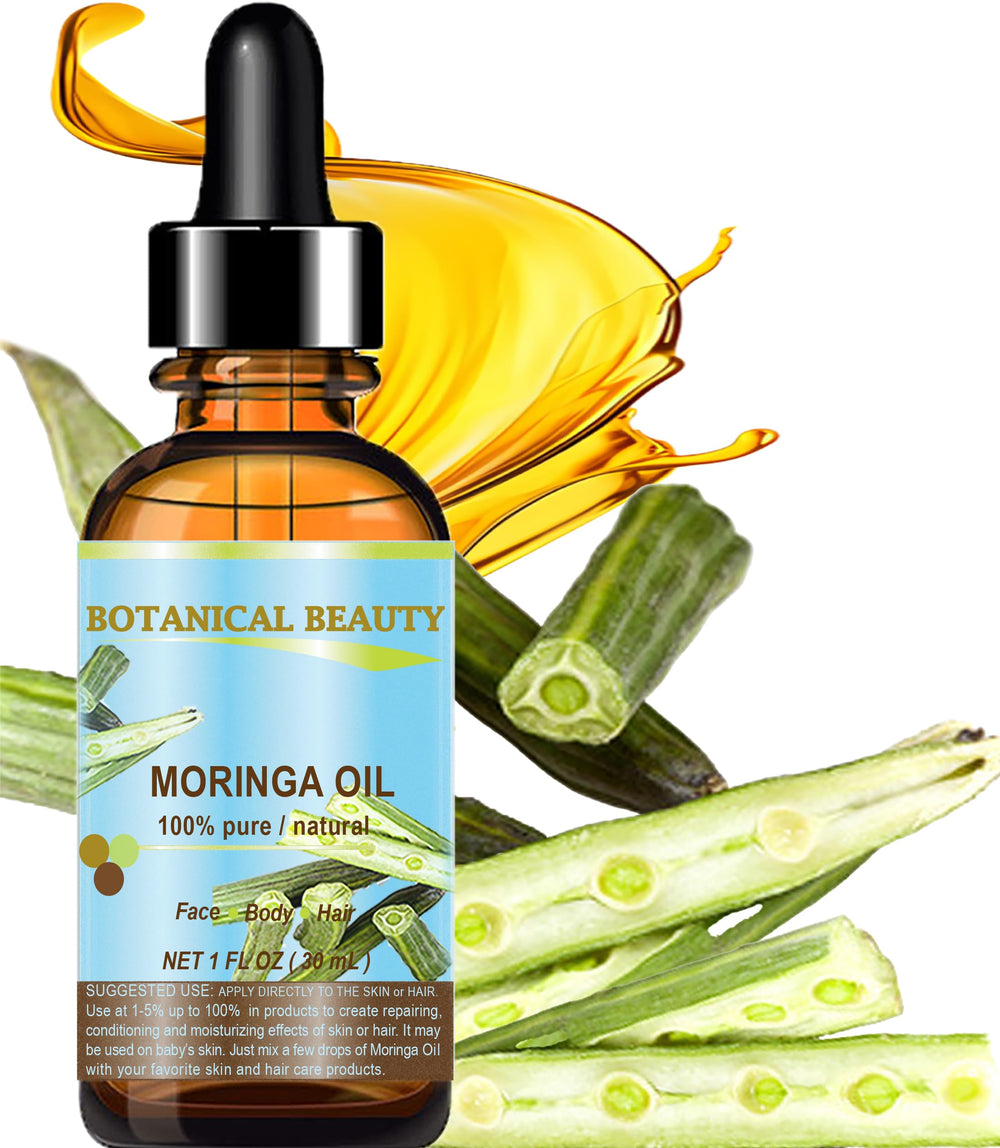 Botanical Beauty Moringa Oil closeup highlights rich vitamin content for skin.