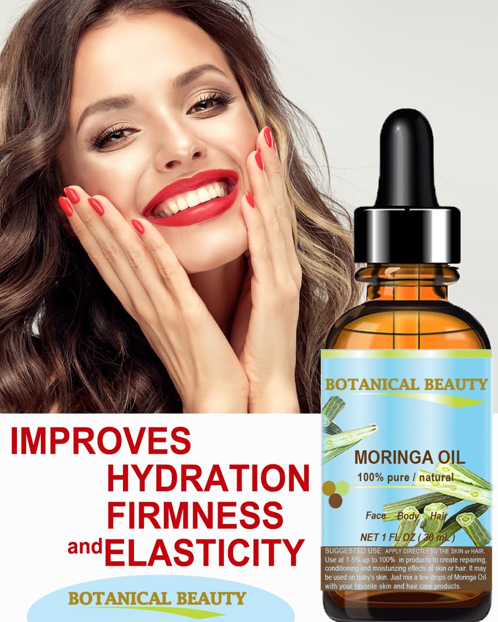 Botanical Beauty Moringa Oil for hair application adds shine and softness.