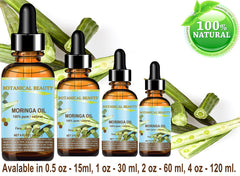 Botanical Beauty Moringa Oil packaging close-up with branding.
