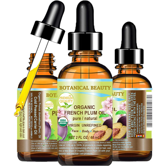 Botanical Beauty Plum Oil bottle pour showing lightweight skin oil for quick absorption