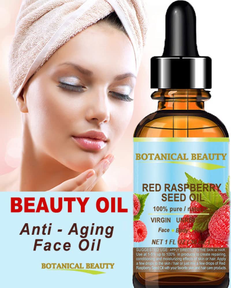 Botanical Beauty Red Raspberry Seed Oil jar close-up emphasizing rich moisture without greasiness