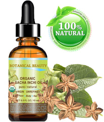 Botanical Beauty Sacha Inchi Oil label highlights organic, cold-pressed purity for care