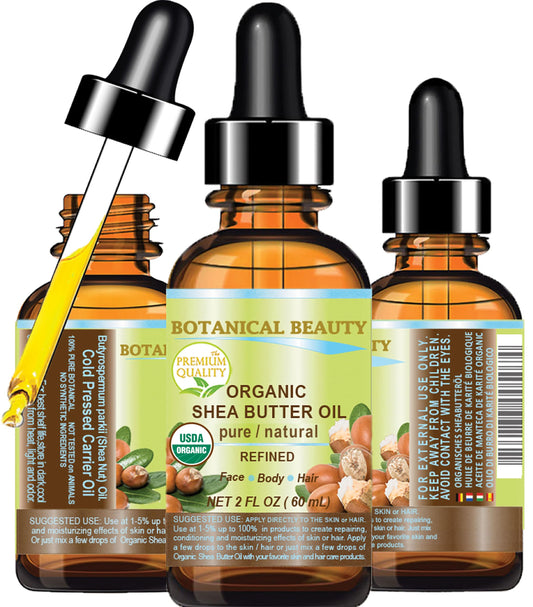 Botanical Beauty Shea Butter Oil bottle pour for quick, non-greasy skin hydration.