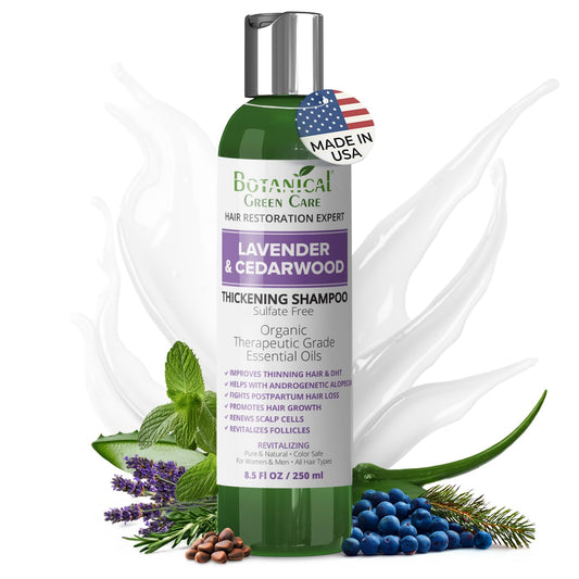 Botanical Green Care lavender and cedarwood shampoo bottle ready for daily scalp care