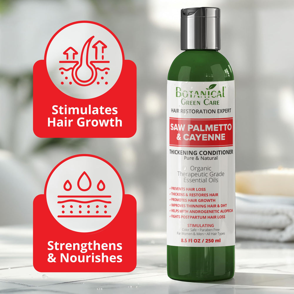 Botanical Green Care bottle showcases natural botanicals for scalp nourishment.