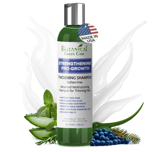 Botanical Green Care Pro-Growth Shampoo bottle being poured for fuller-looking hair.