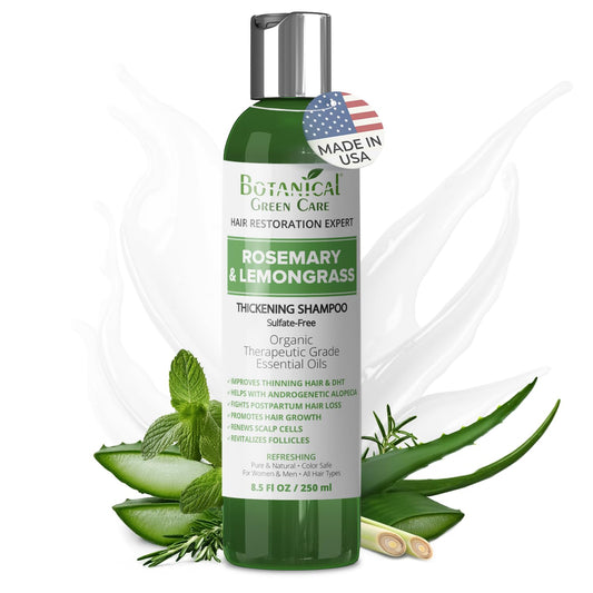 Botanical Green Care Rosemary & Lemongrass shampoo bottle for fuller-looking hair.
