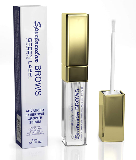 Botanical Green Care Spectacular BROWS bottle pouring, premium brow serum