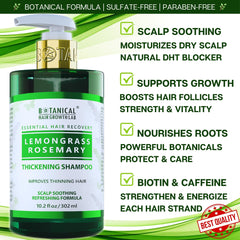 Close-up of rosemary and lemongrass oils from BOTANICAL HAIR GROWTH LAB shampoo.