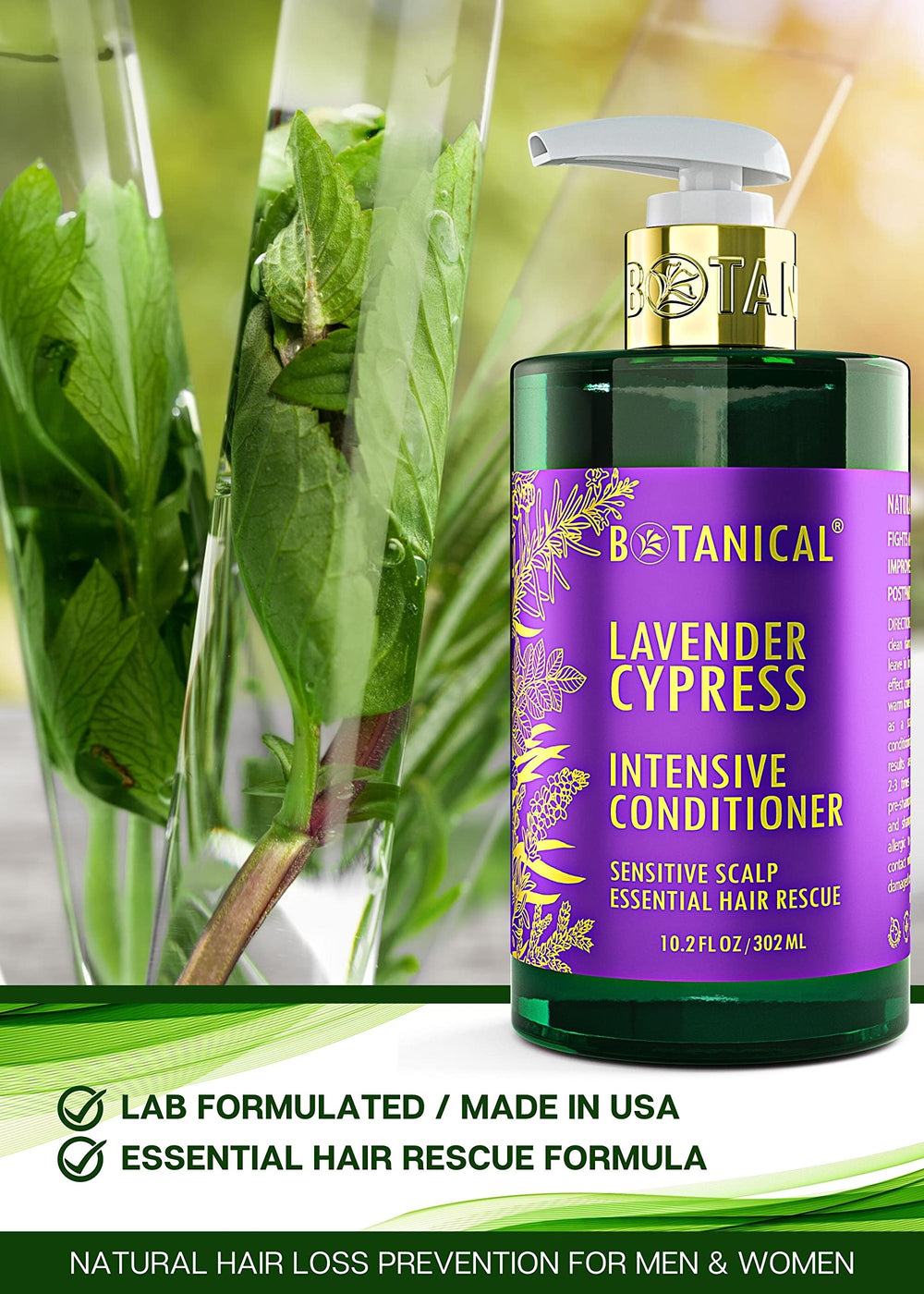 Botanical Hair Growth Lab lavender conditioner being applied for frizz control.