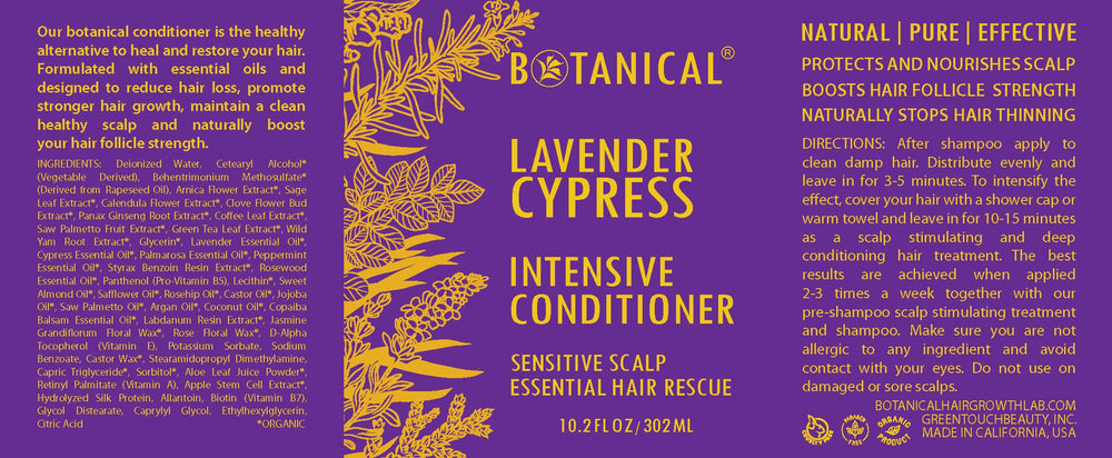 Botanical Hair Growth Lab lavender conditioner bottle beside natural oils for nourishment.