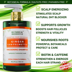botanical hair growth lab ingredients closeup showing ginger and saw palmetto for healthy follicles.