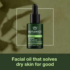Botanics facial oil for men drops illustrating argan and rosehip oils for quick absorption