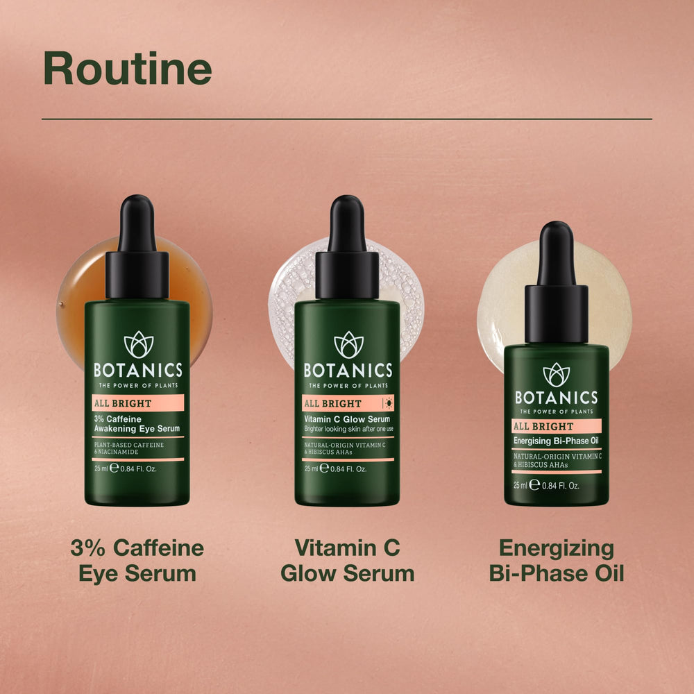 Botanics Vitamin C Serum shown with sunscreen in routine