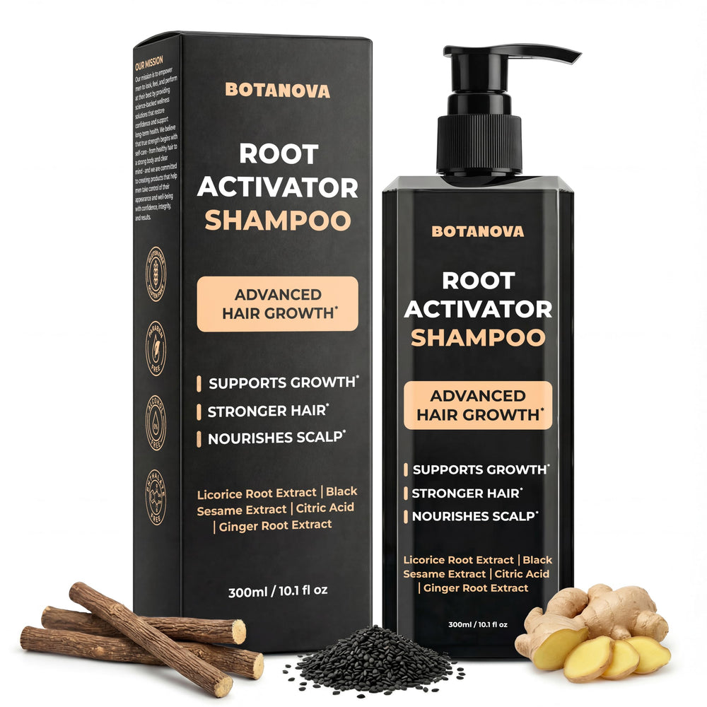 BOTANOVA Root Activator Shampoo bottle for daily scalp care and fullness potential.